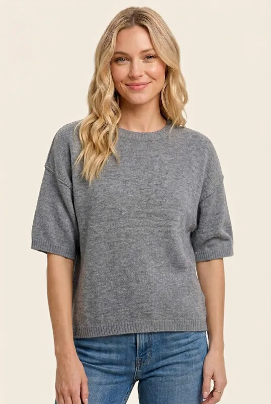 Heather Grey Basic Short Sleeve Sweater Top made by Staccato