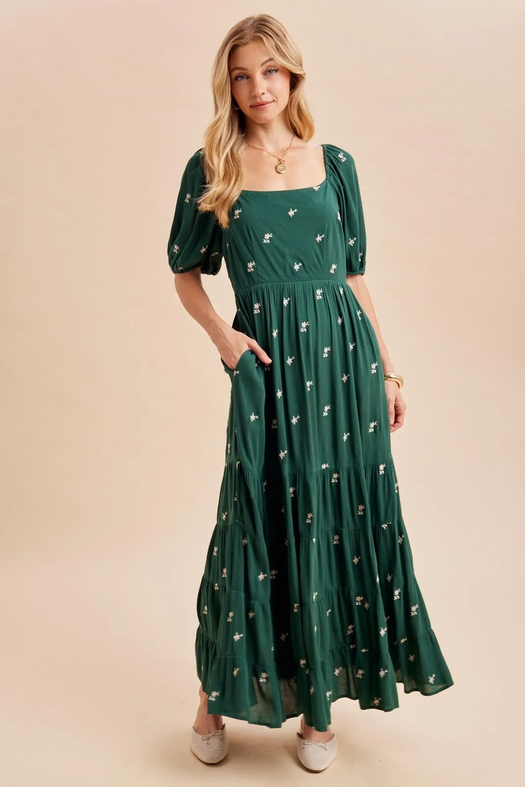 Forest Green Embroidered Tiered Maxi Dress sold by Pinkblush
