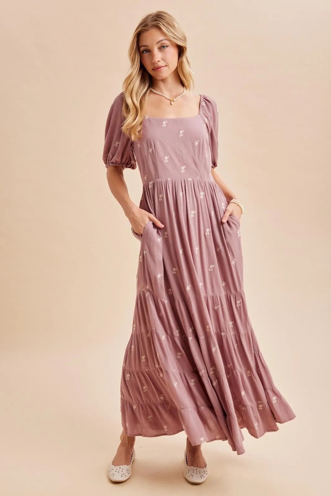 Mauve Embroidered Tiered Maxi Dress sold by Pinkblush product image thumbnail 2