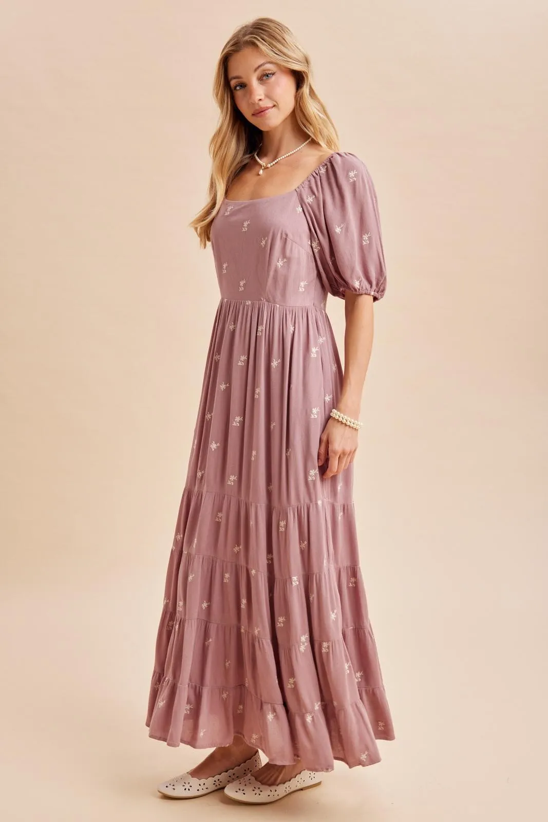 Mauve Embroidered Tiered Maxi Dress sold by Pinkblush product image thumbnail 3