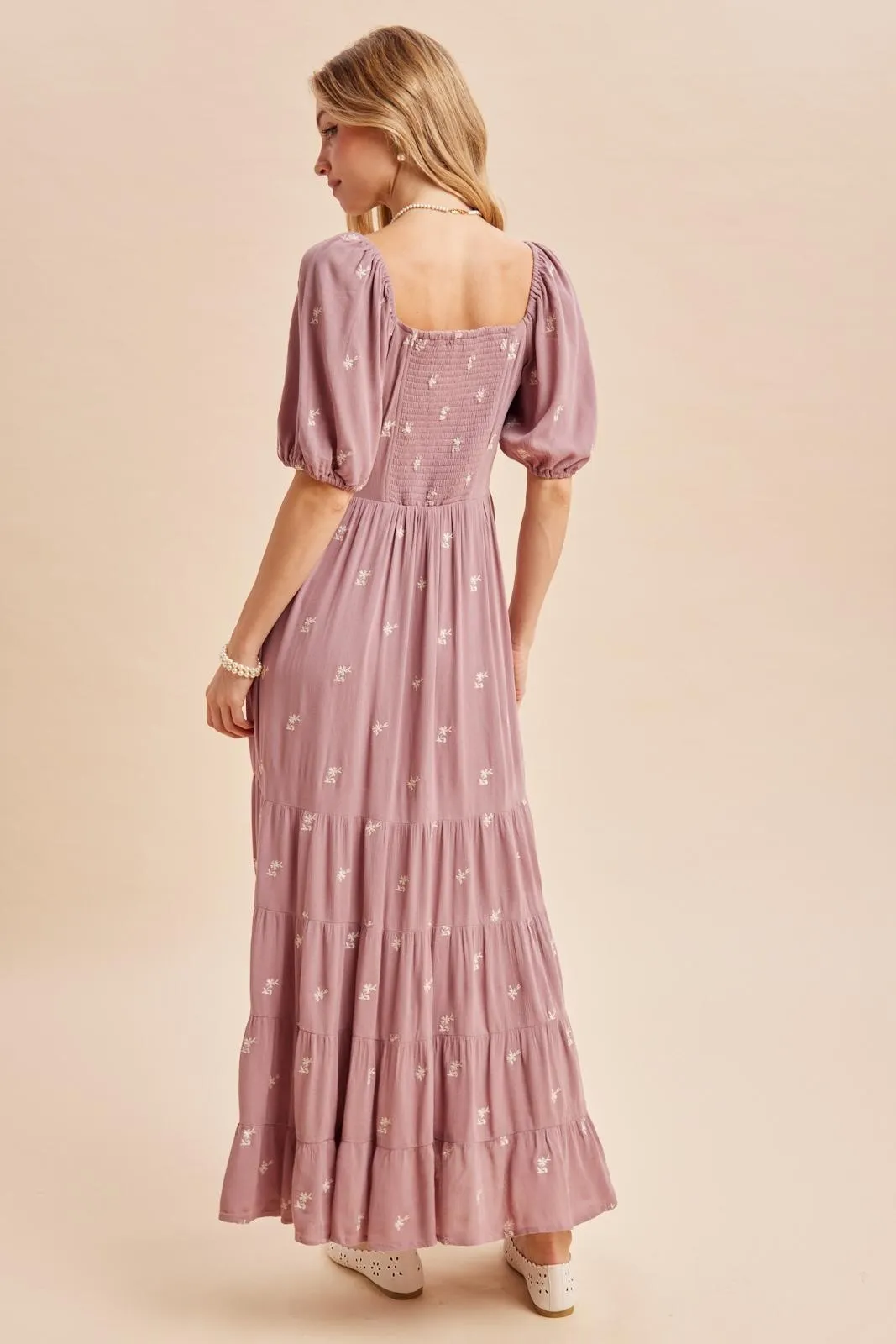 Mauve Embroidered Tiered Maxi Dress sold by Pinkblush product image thumbnail 4