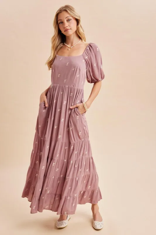 Mauve Embroidered Tiered Maxi Dress made by Inloom