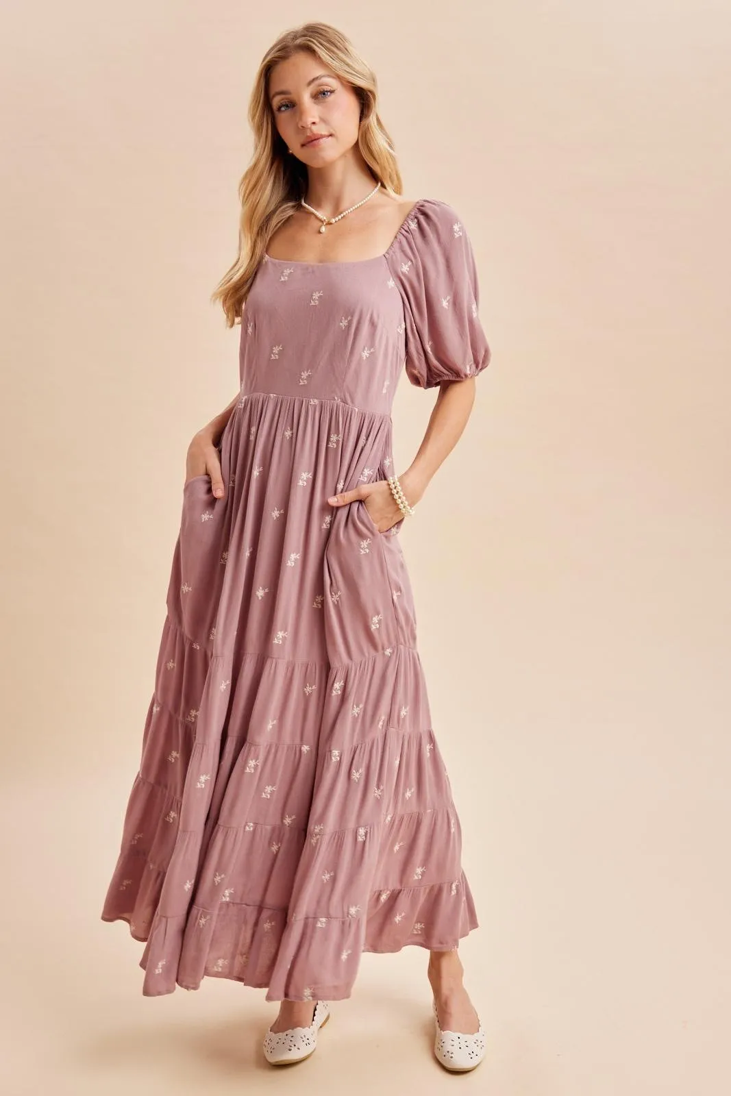 Mauve Embroidered Tiered Maxi Dress sold by Pinkblush