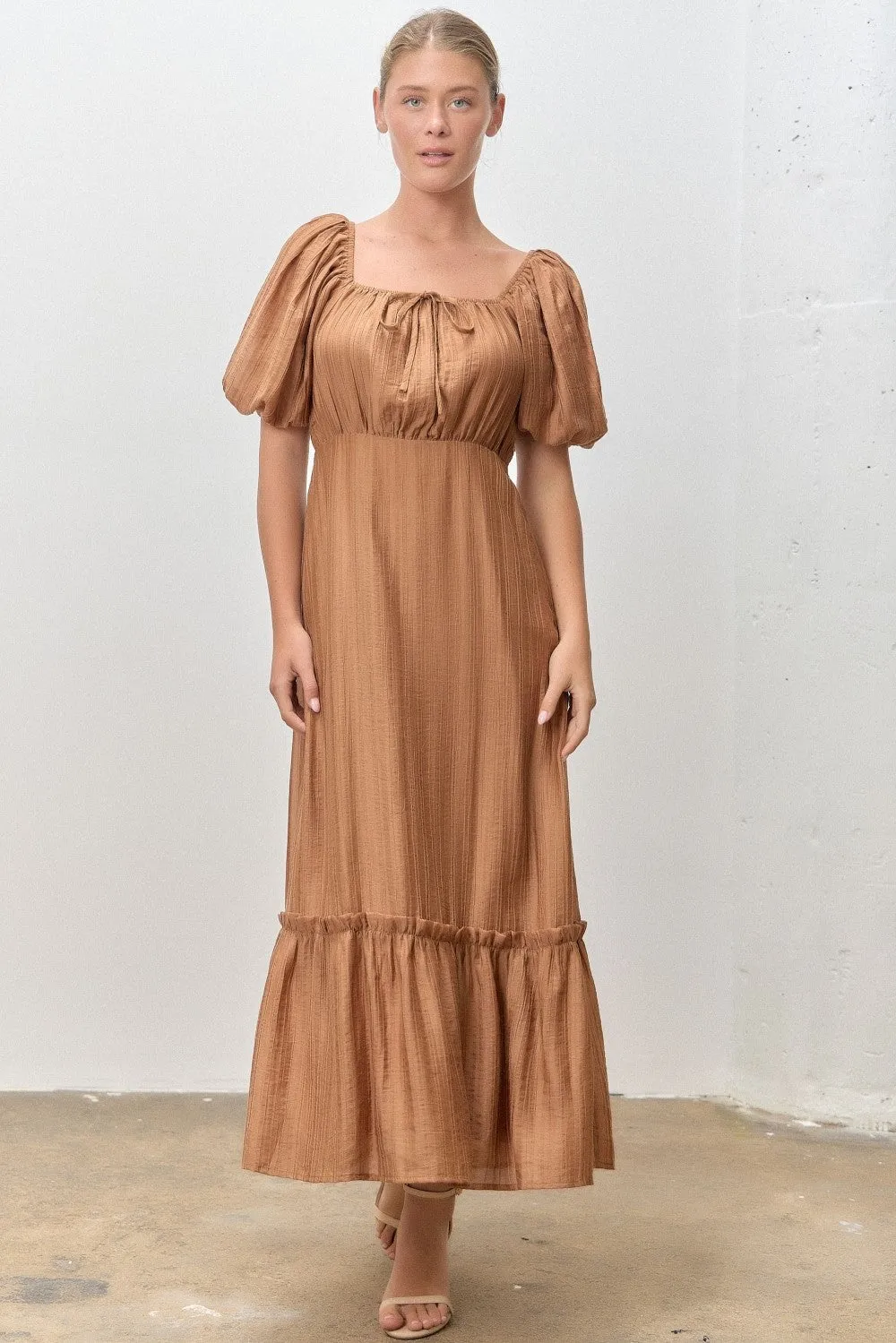 Mocha Textured Woven Square Neck Midi Dress sold by Pinkblush
