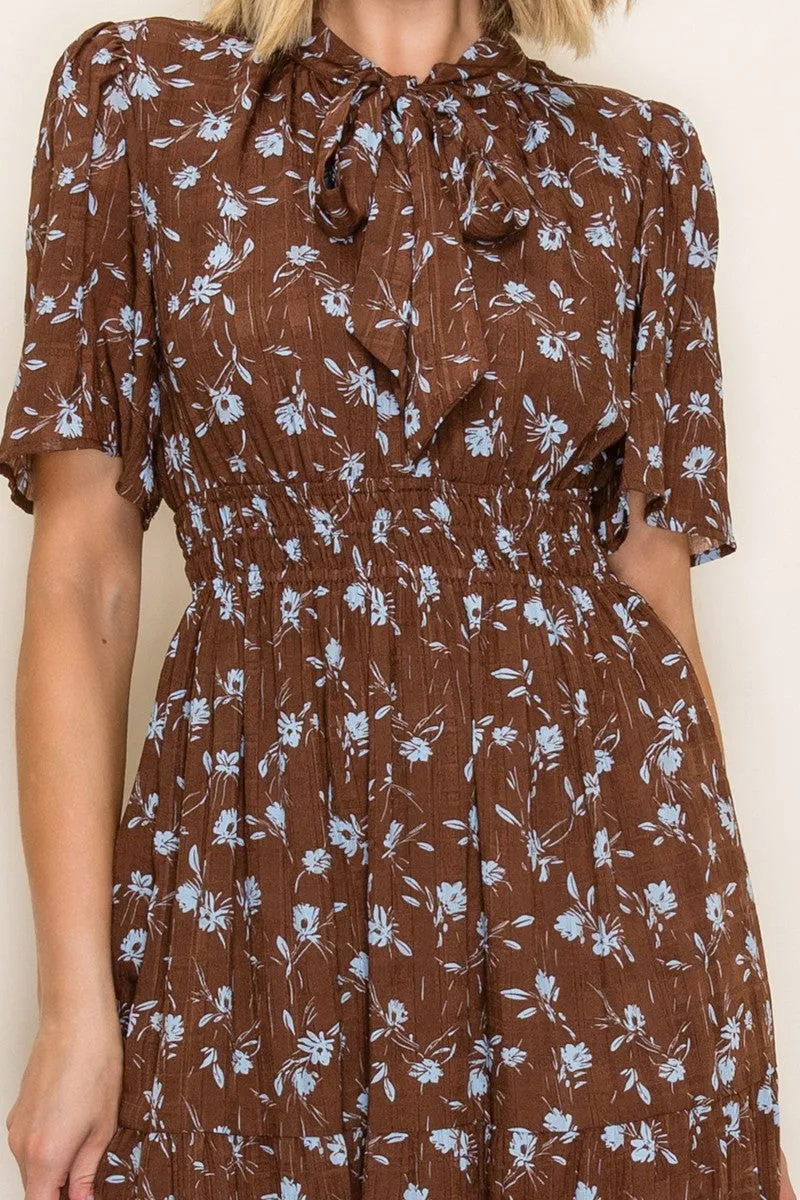 Brown Floral Neck Tie Tiered Midi Dress sold by Pinkblush product image thumbnail 4