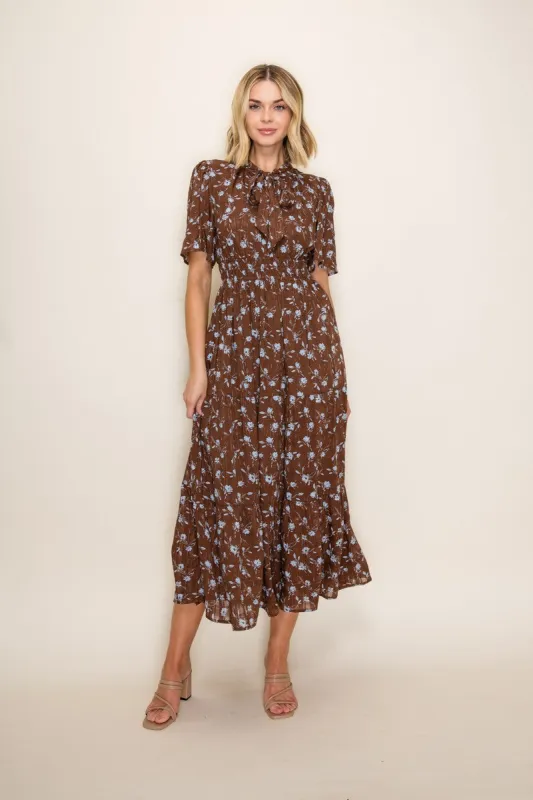 Brown Floral Neck Tie Tiered Midi Dress made by tea n rose