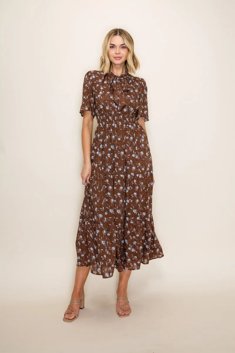 Brown Floral Neck Tie Tiered Midi Dress sold by Pinkblush