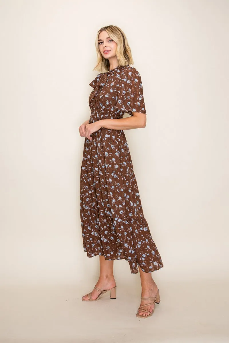 Brown Floral Neck Tie Tiered Midi Dress sold by Pinkblush product image thumbnail 2