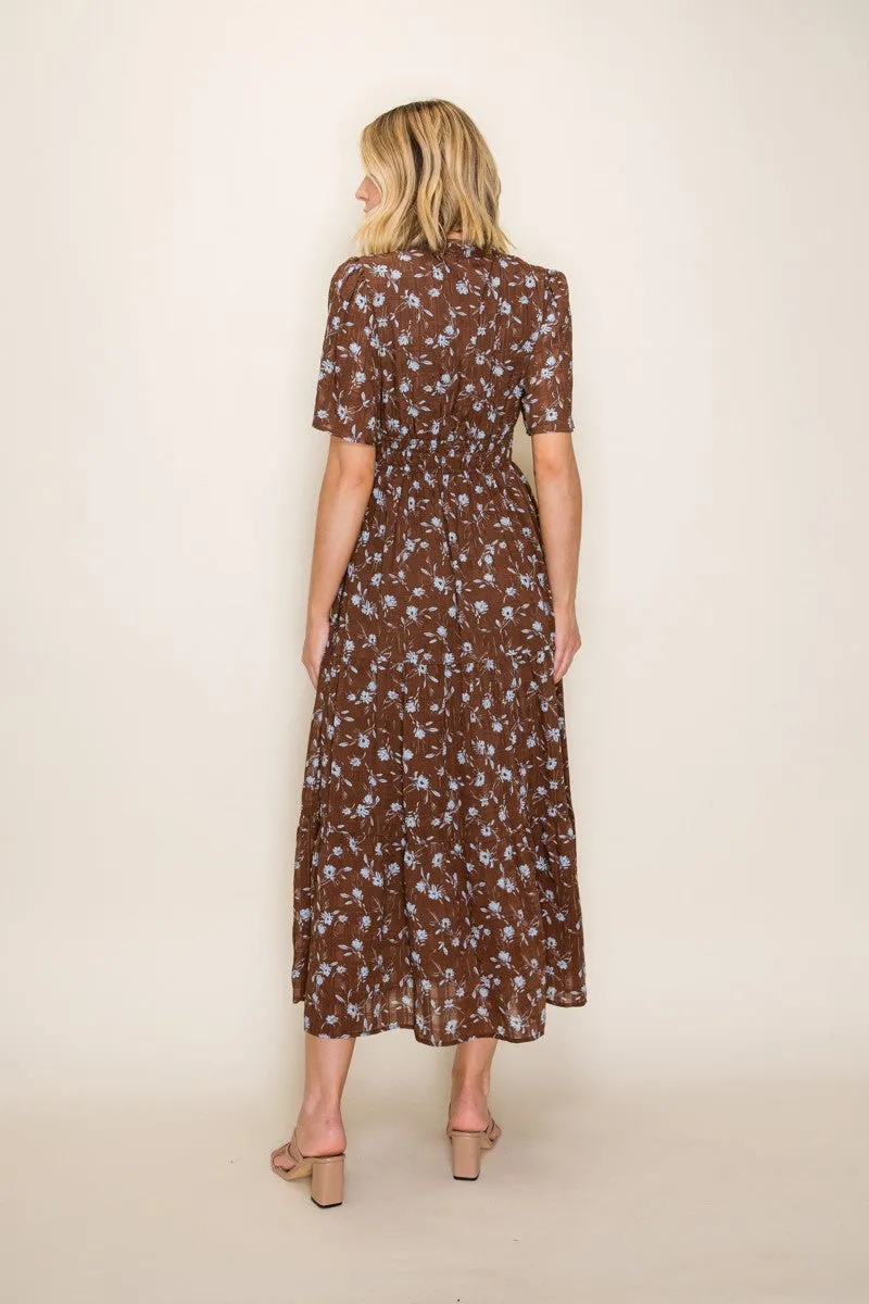 Brown Floral Neck Tie Tiered Midi Dress sold by Pinkblush product image thumbnail 3