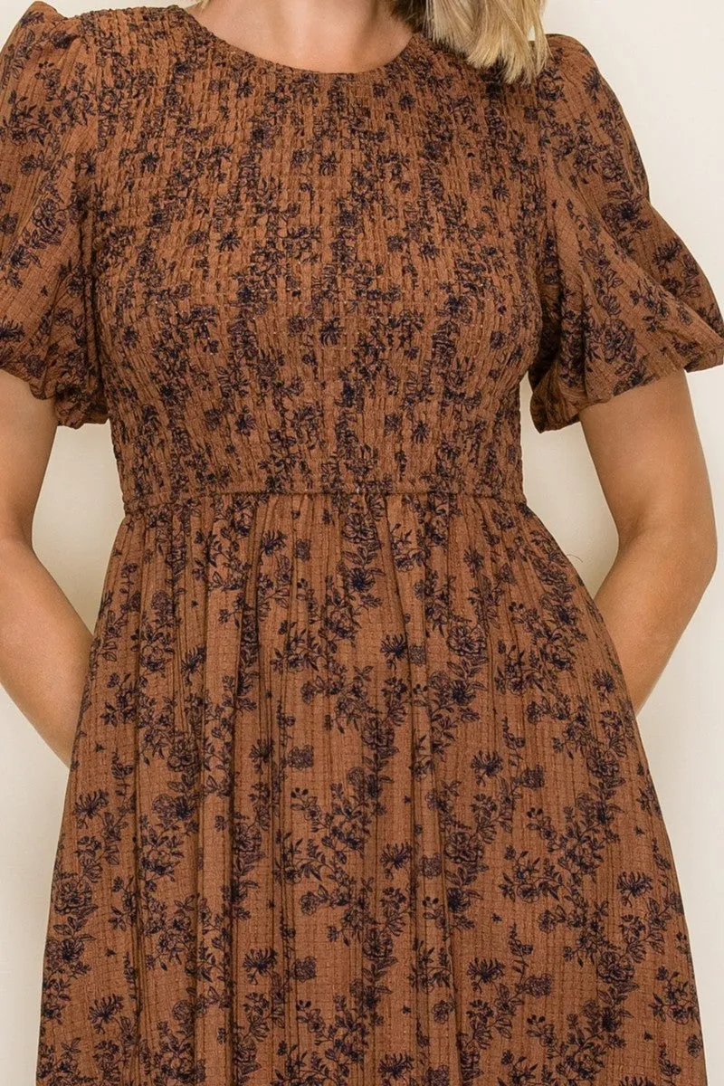 Clay Floral Smocked Puff Sleeve Dress sold by Pinkblush product image thumbnail 4