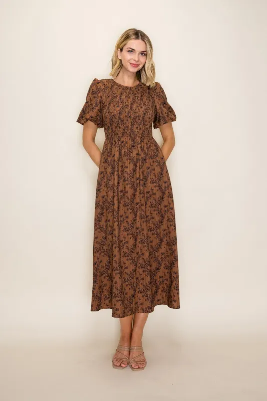 Clay Floral Smocked Puff Sleeve Dress made by tea n rose