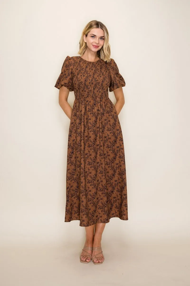 Clay Floral Smocked Puff Sleeve Dress sold by Pinkblush