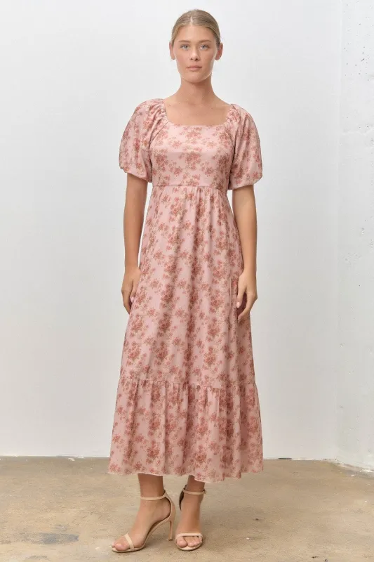 Pink Multi Floral Print Bubble Sleeve Midi Dress made by Polagram