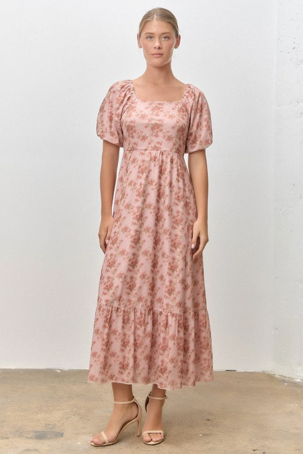 Pink Multi Floral Print Bubble Sleeve Midi Dress sold by Pinkblush