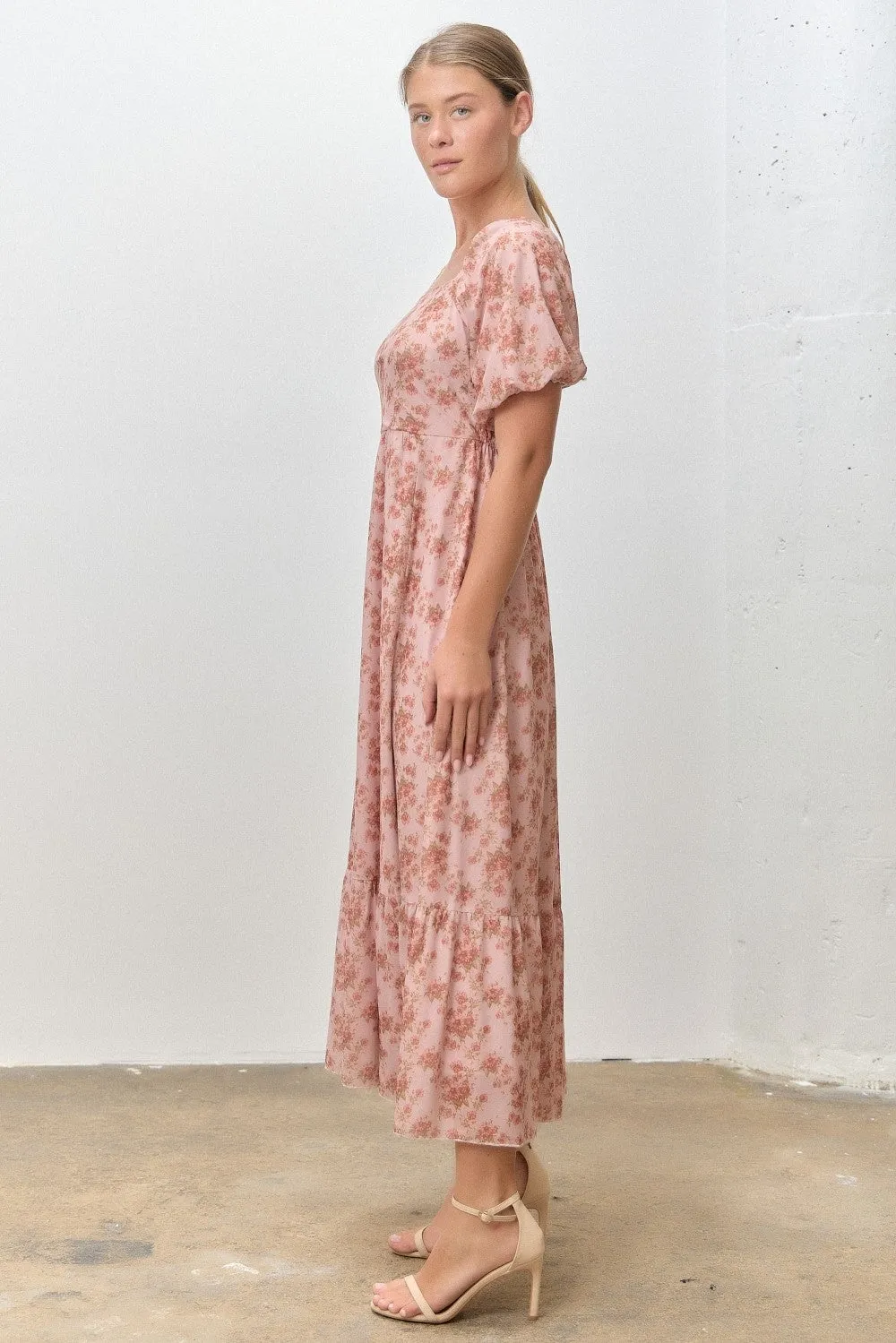 Pink Multi Floral Print Bubble Sleeve Midi Dress sold by Pinkblush product image thumbnail 2