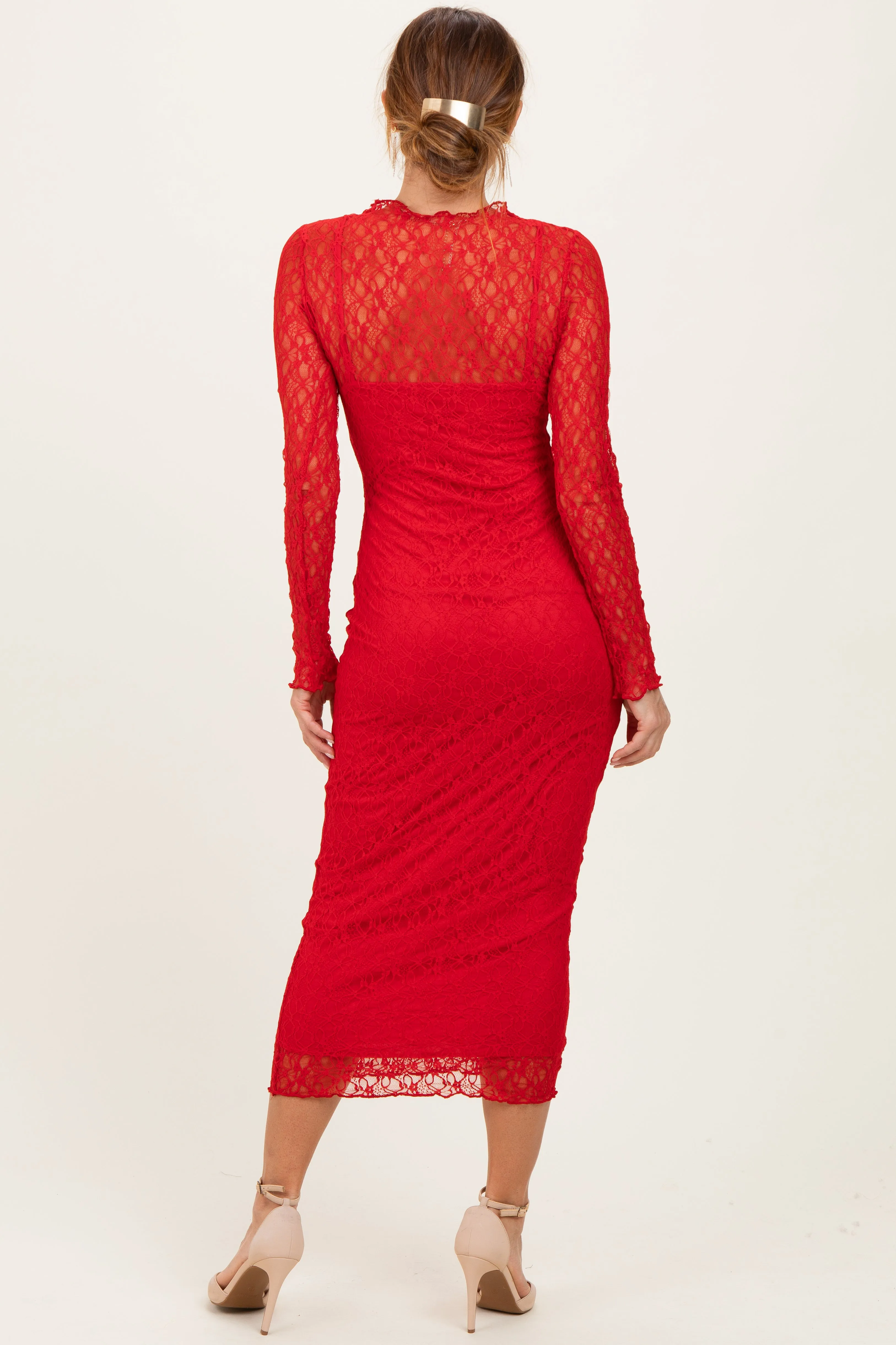 Red Lace Long Sleeve Fitted Dress sold by Pinkblush product image thumbnail 3