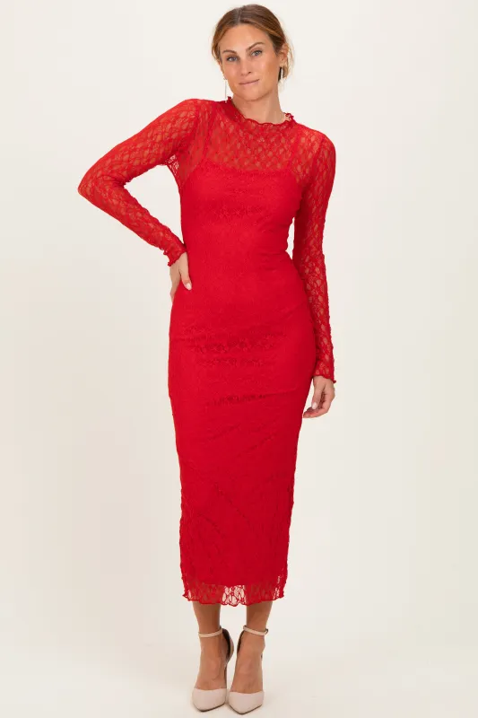 Red Lace Long Sleeve Fitted Dress made by Pinkblush