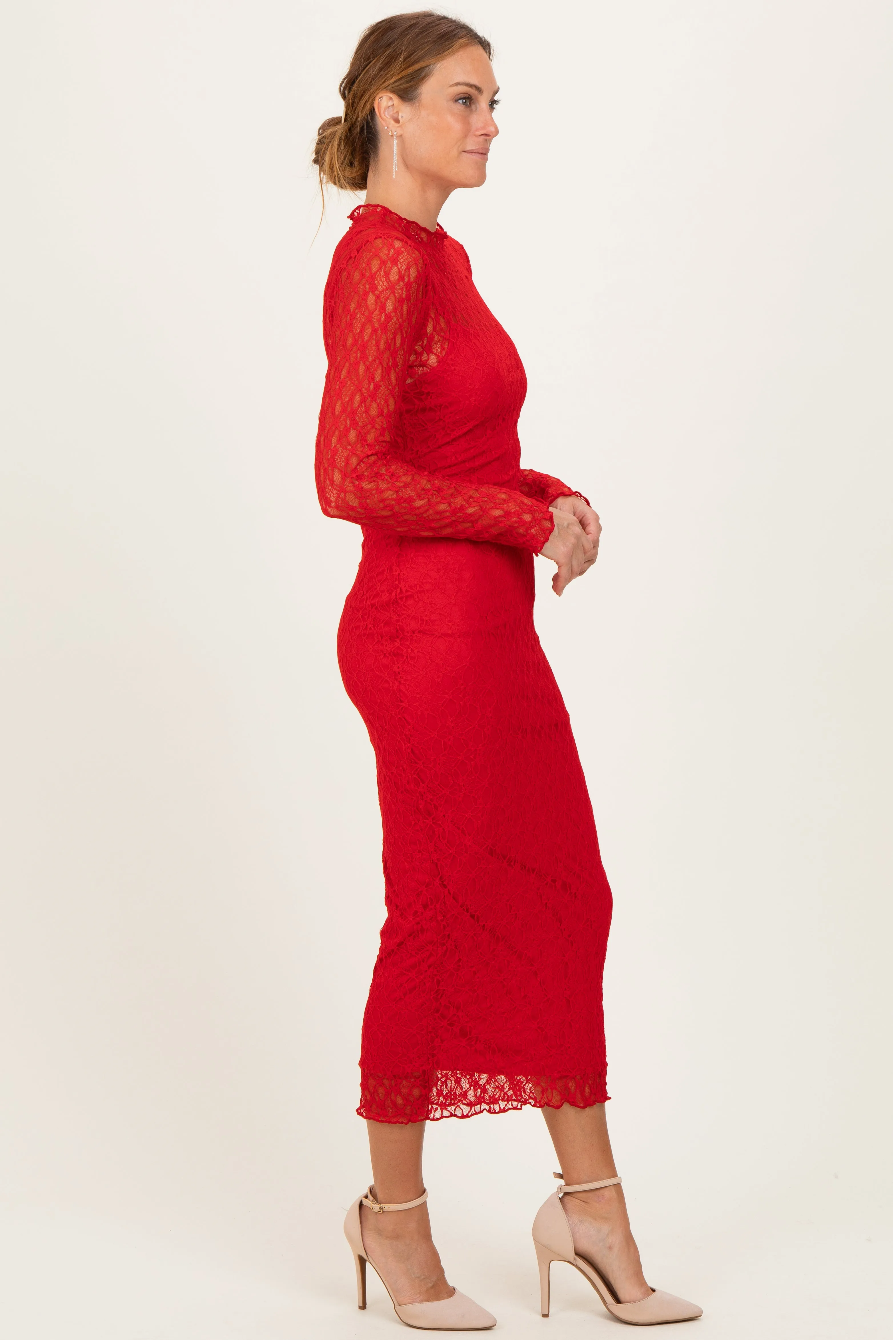 Red Lace Long Sleeve Fitted Dress sold by Pinkblush product image thumbnail 2