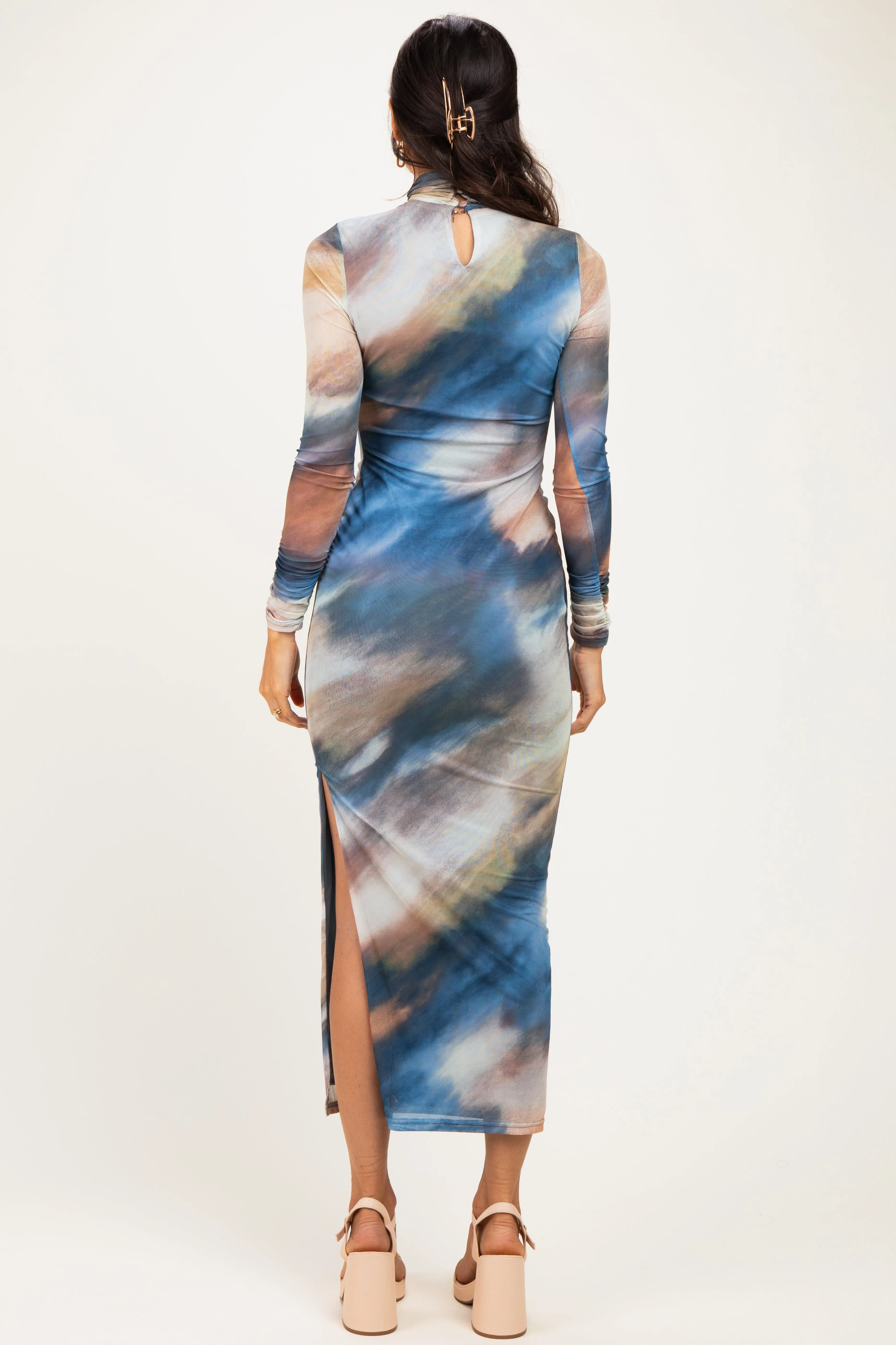 Multicolor Mesh Printed Mock Neck Long Sleeve Dress sold by Pinkblush product image thumbnail 3