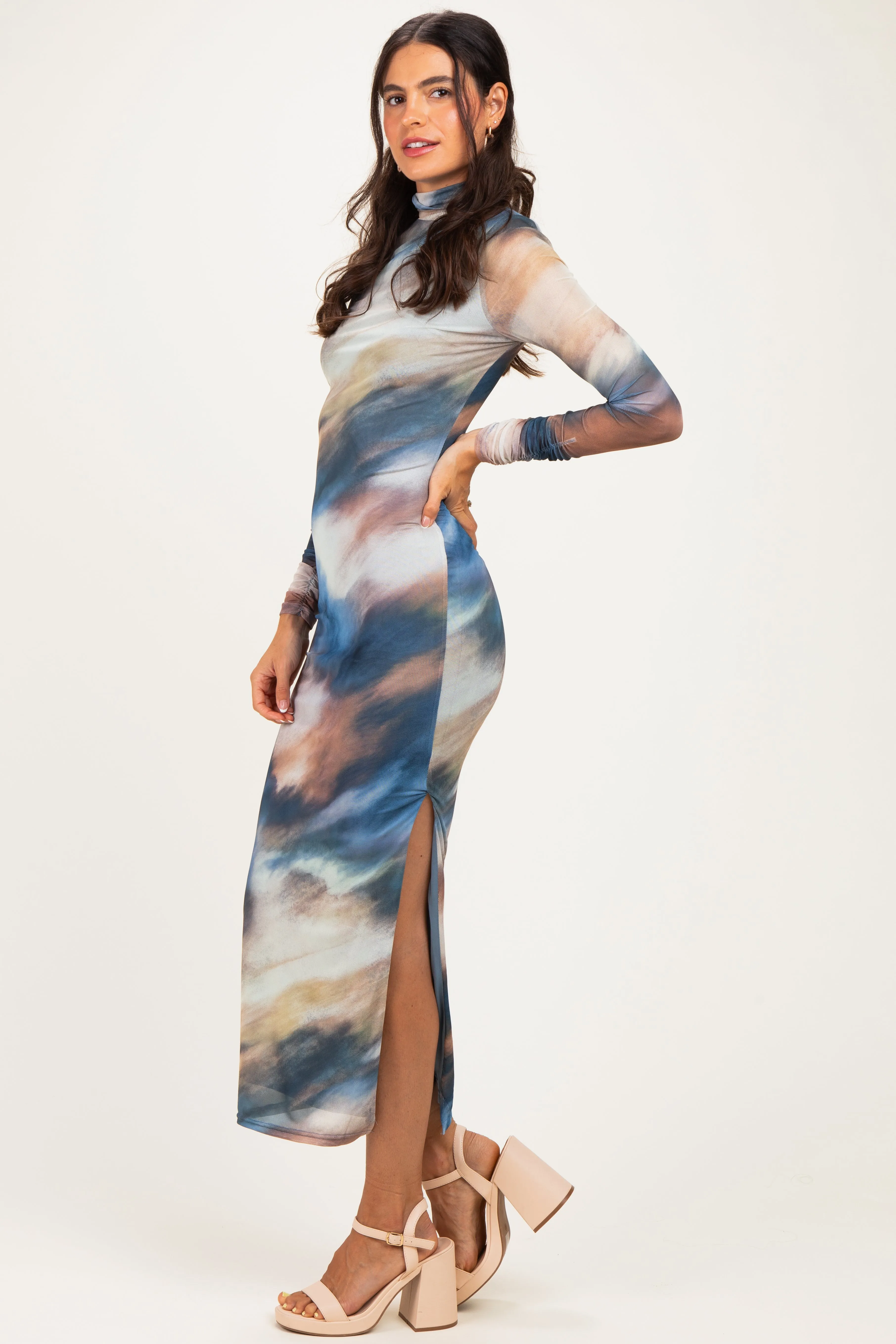 Multicolor Mesh Printed Mock Neck Long Sleeve Dress sold by Pinkblush product image thumbnail 2