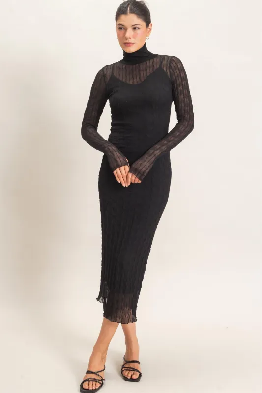 Black Ribbed Mesh Knit Midi Dress made by HYFVE