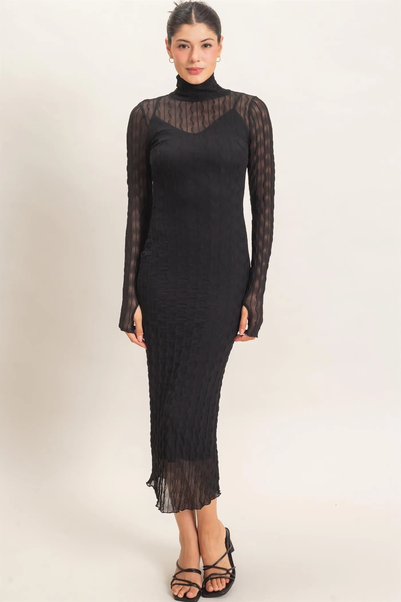 Black Ribbed Mesh Knit Midi Dress sold by Pinkblush product image thumbnail 2
