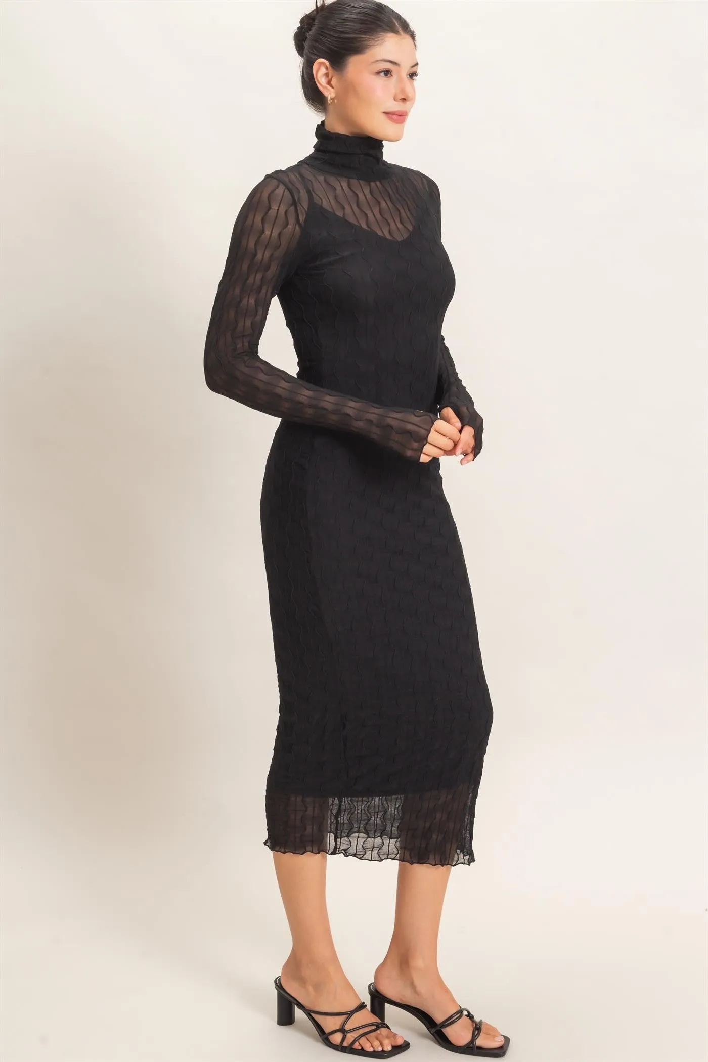 Black Ribbed Mesh Knit Midi Dress sold by Pinkblush product image thumbnail 3