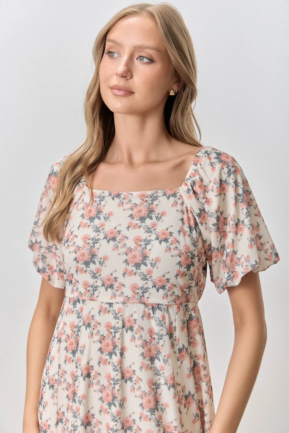 Cream Multi Floral Print Bubble Sleeve Midi Dress sold by Pinkblush product image thumbnail 4
