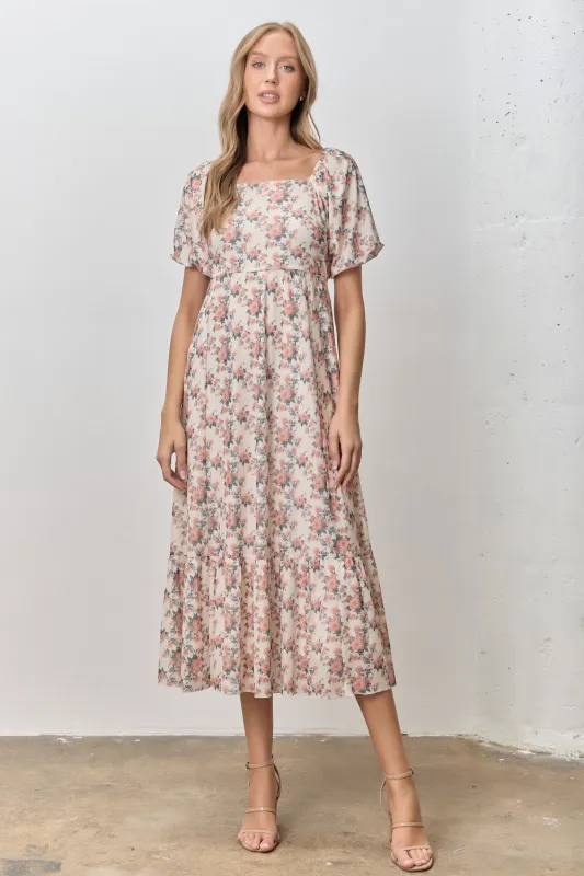 Cream Multi Floral Print Bubble Sleeve Midi Dress made by Polagram