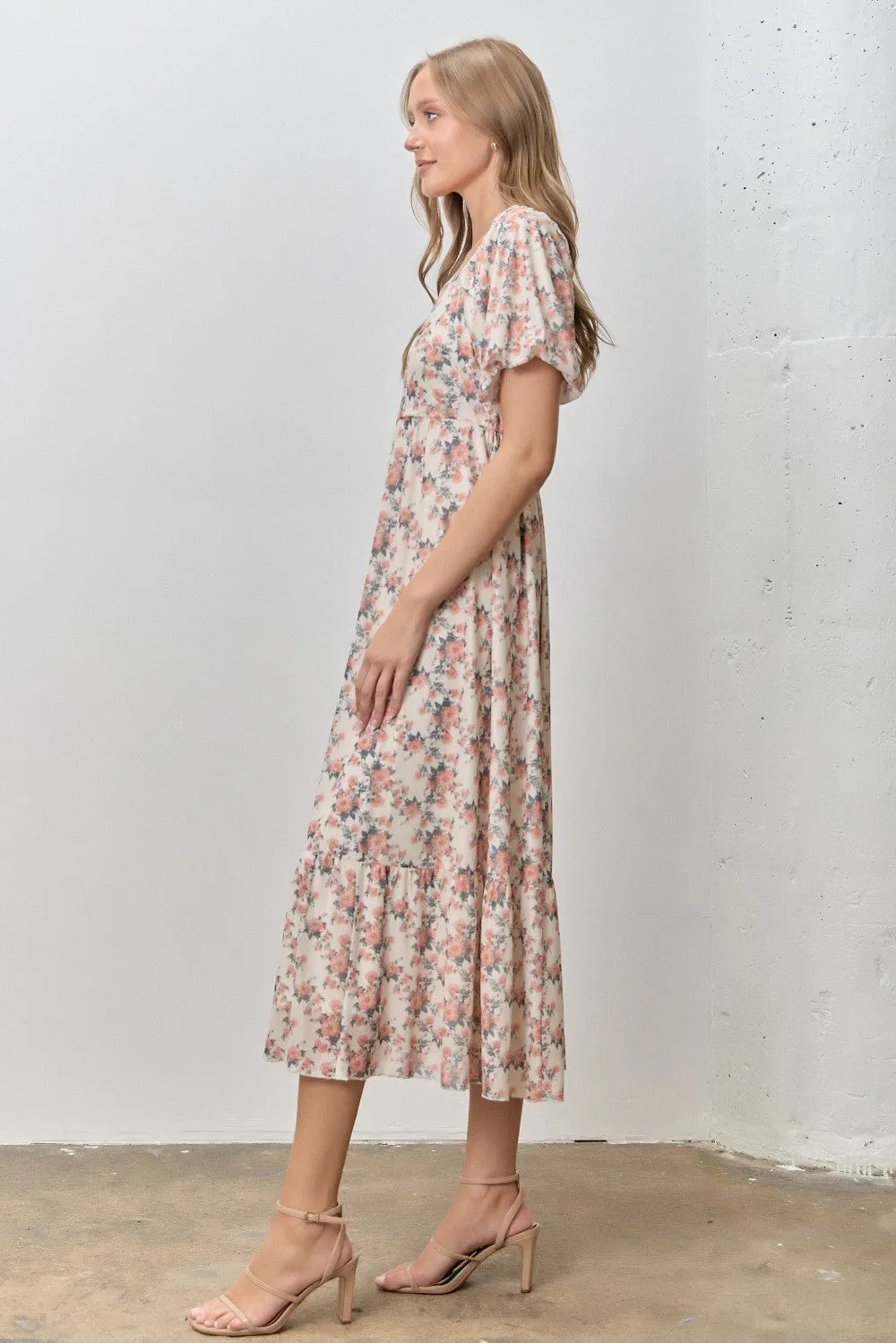 Cream Multi Floral Print Bubble Sleeve Midi Dress sold by Pinkblush product image thumbnail 2