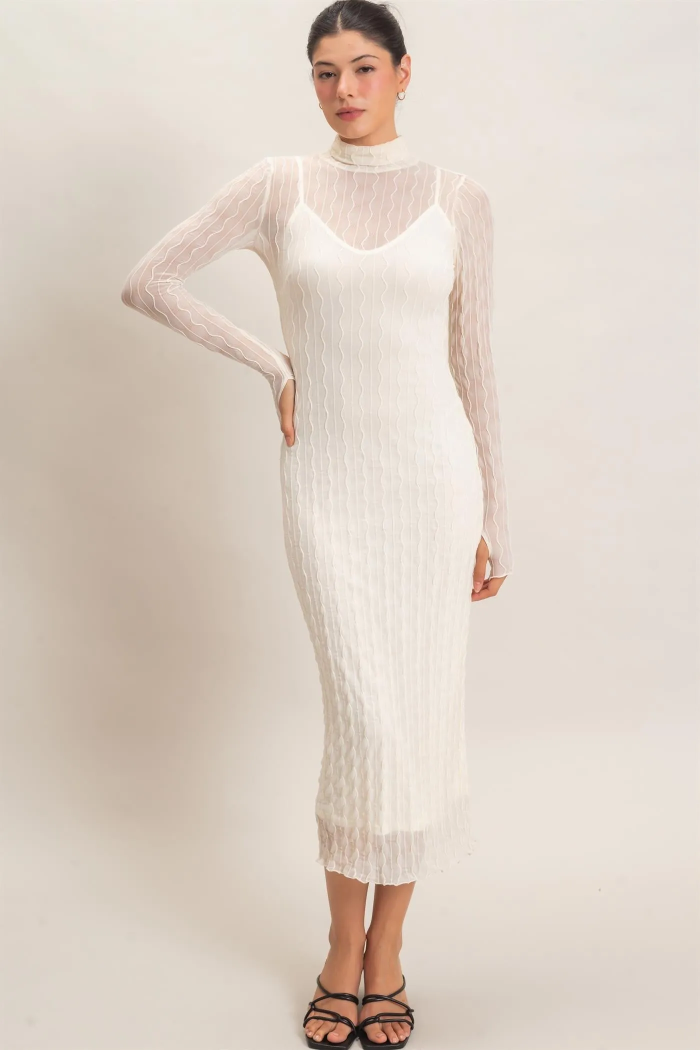 Cream Ribbed Mesh Knit Midi Dress sold by Pinkblush product image thumbnail 4