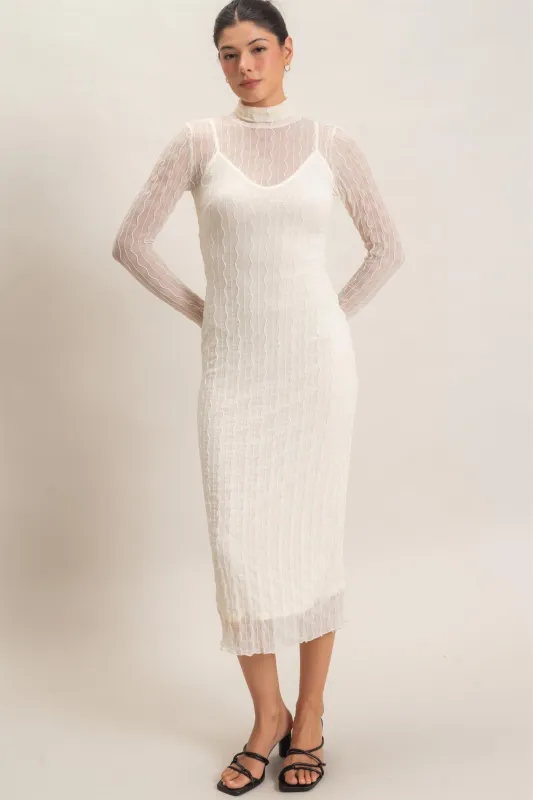 Cream Ribbed Mesh Knit Midi Dress made by HYFVE