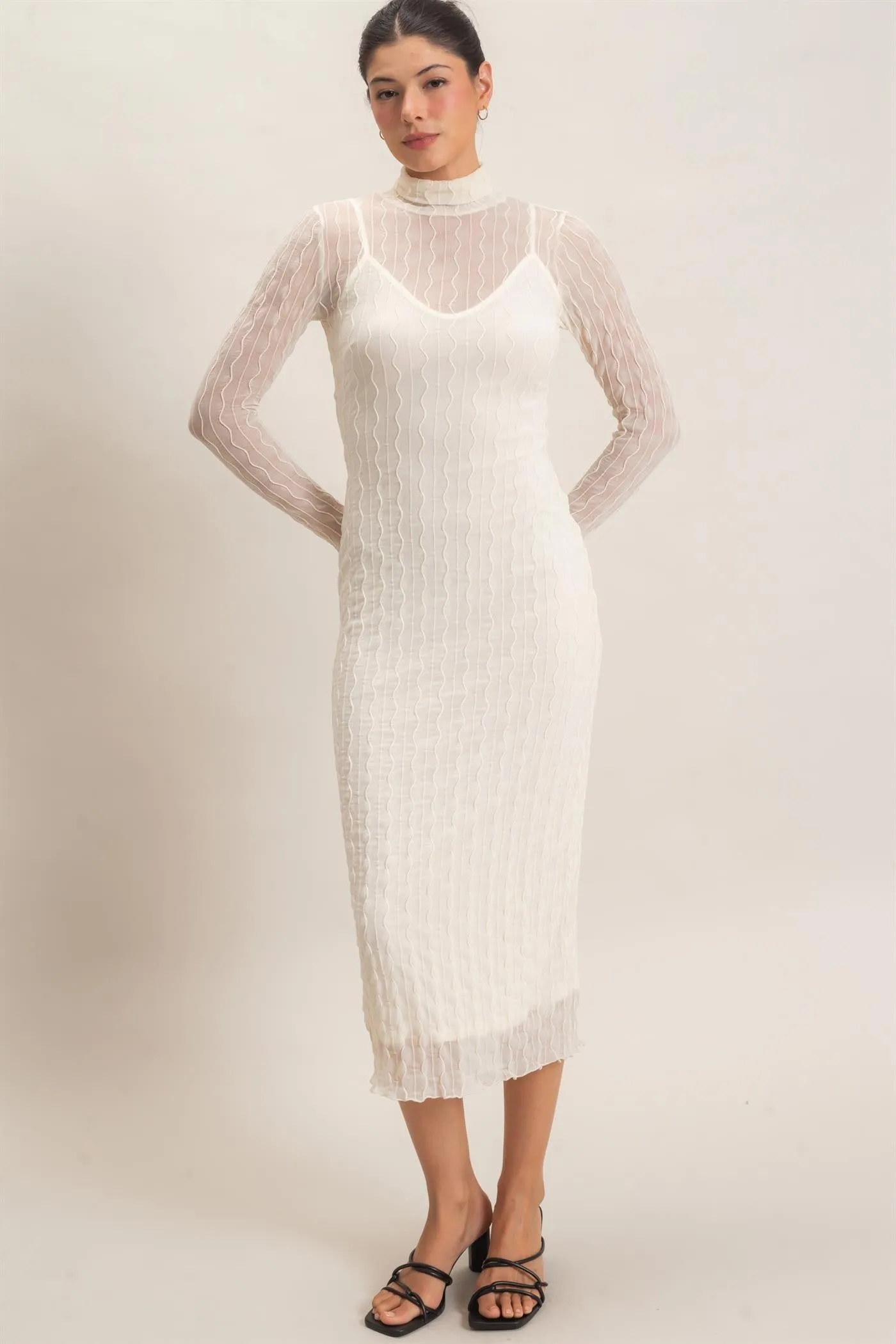 Cream Ribbed Mesh Knit Midi Dress sold by Pinkblush