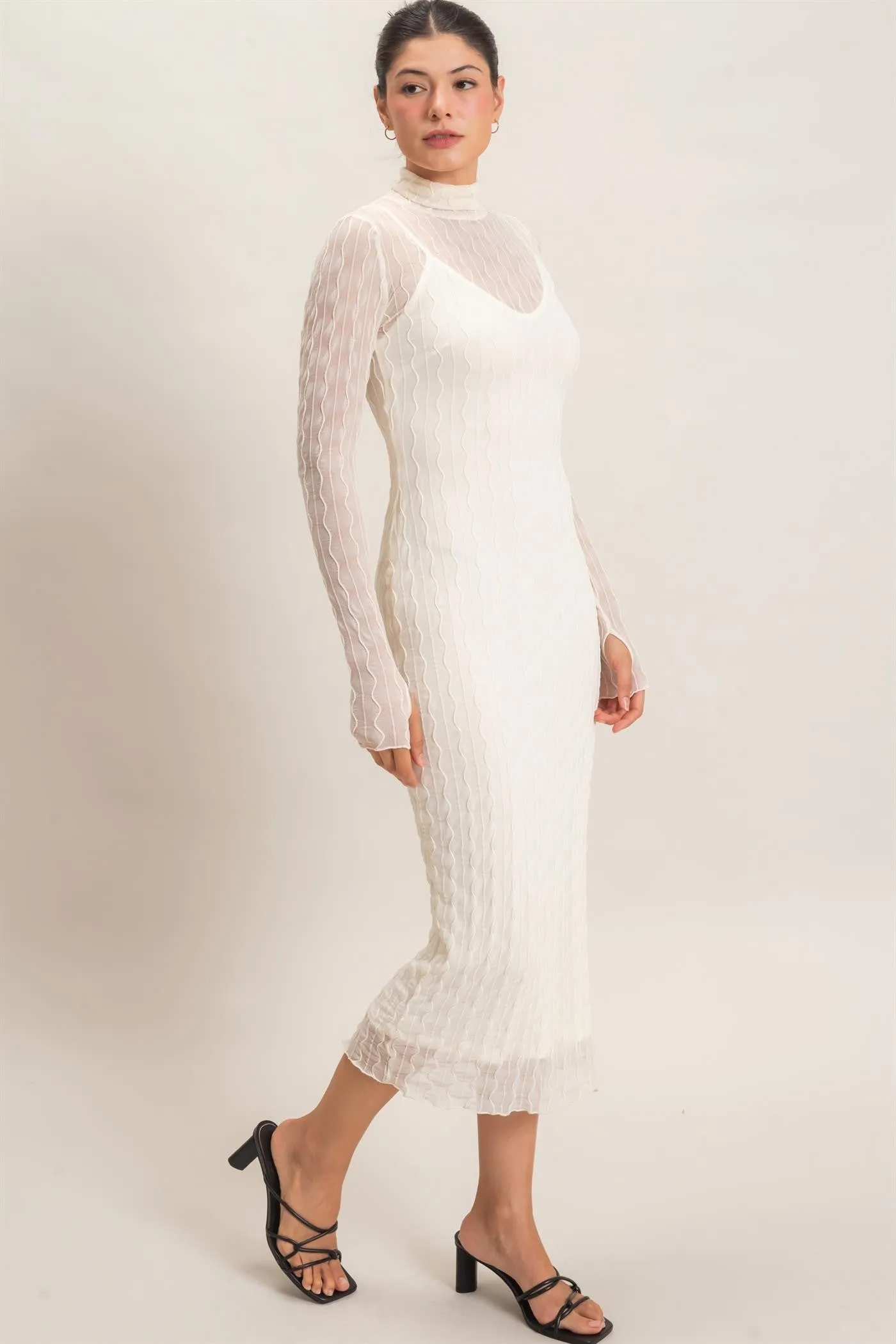 Cream Ribbed Mesh Knit Midi Dress sold by Pinkblush product image thumbnail 2