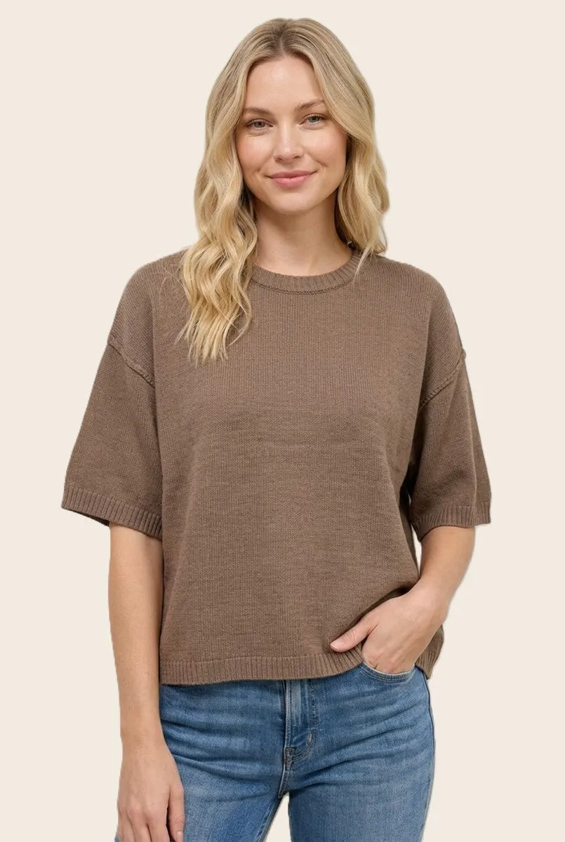 Mocha Basic Short Sleeve Sweater Top sold by Pinkblush