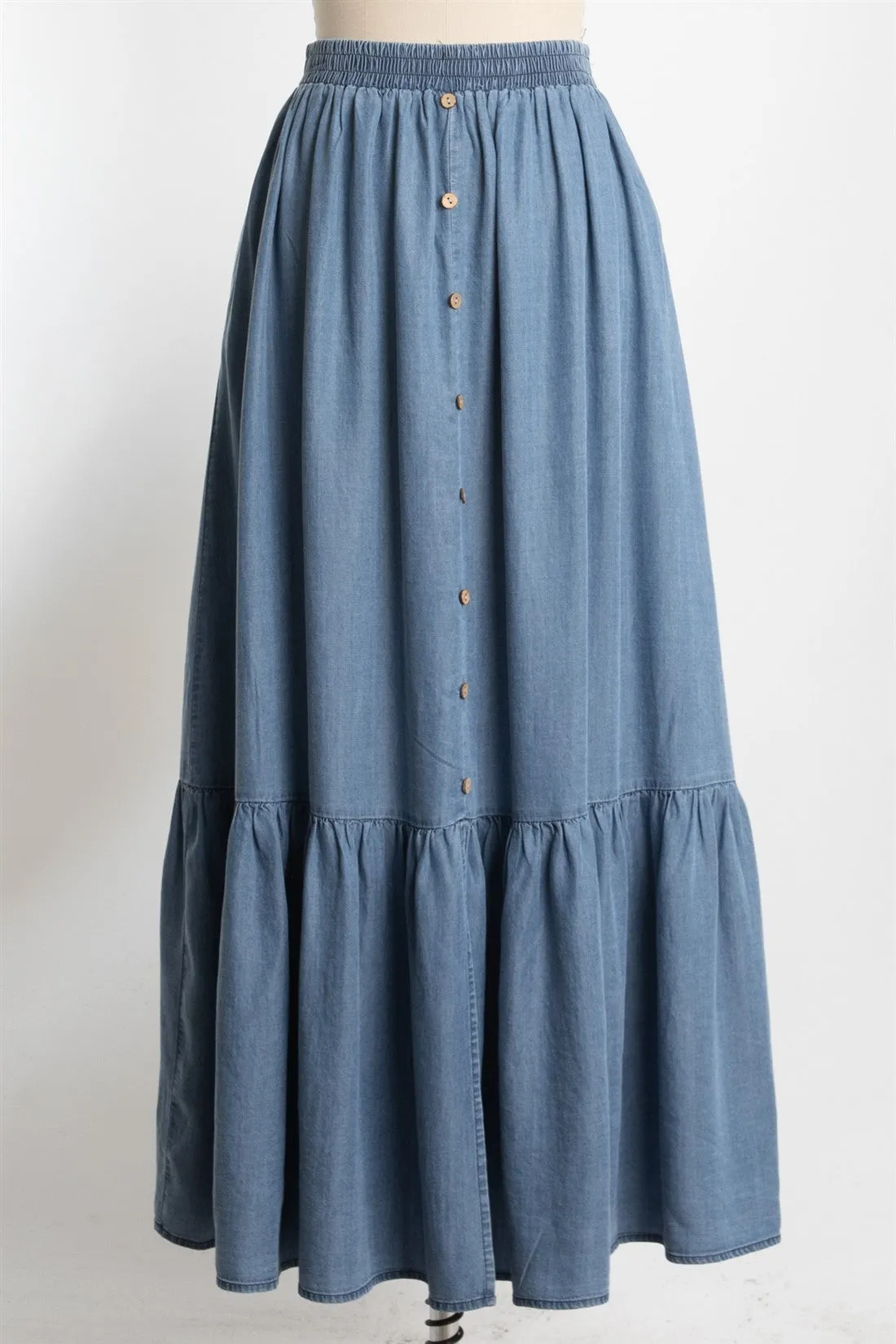 Denim Chambray Medium Wash Tiered Maxi Skirt sold by Pinkblush product image thumbnail 2