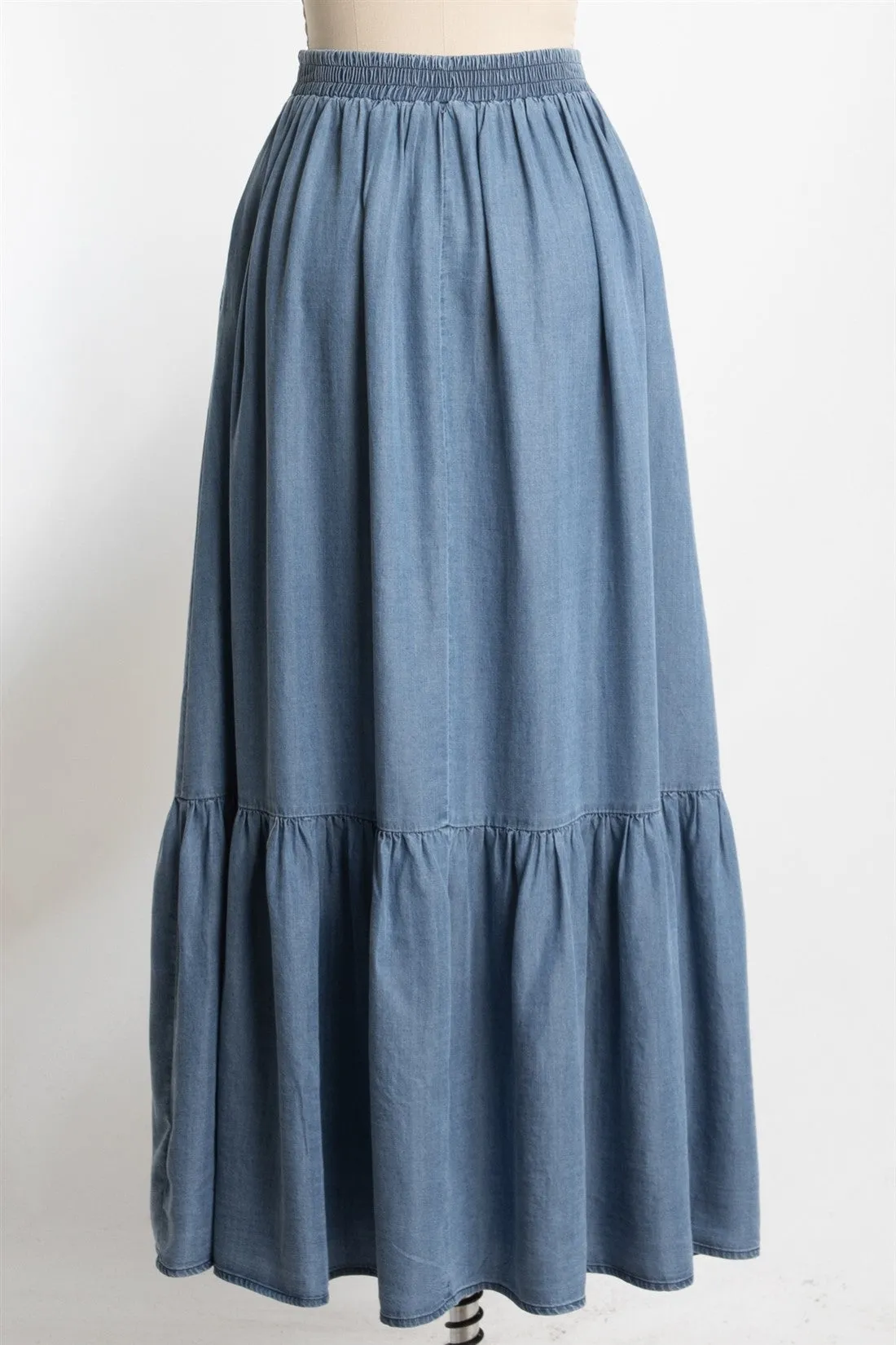 Denim Chambray Medium Wash Tiered Maxi Skirt sold by Pinkblush product image thumbnail 3
