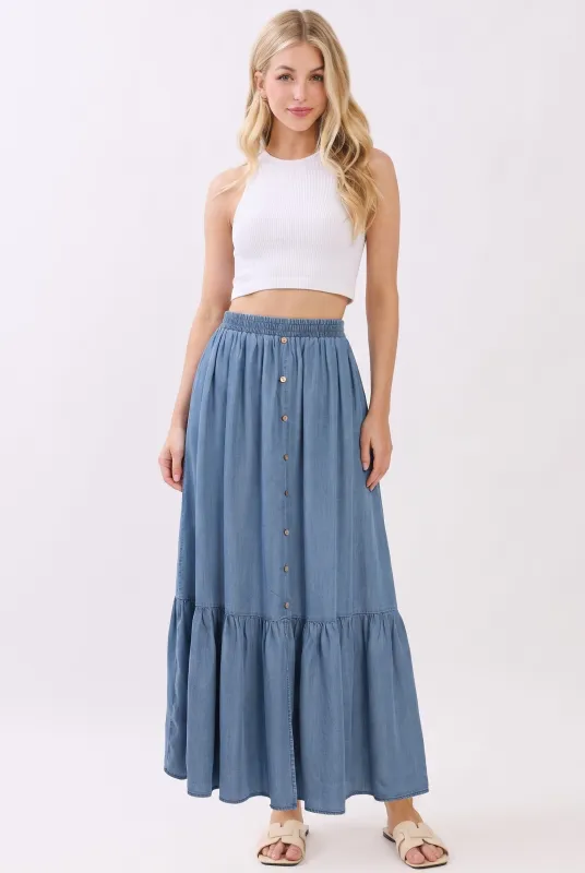 Denim Chambray Medium Wash Tiered Maxi Skirt made by Final Touch