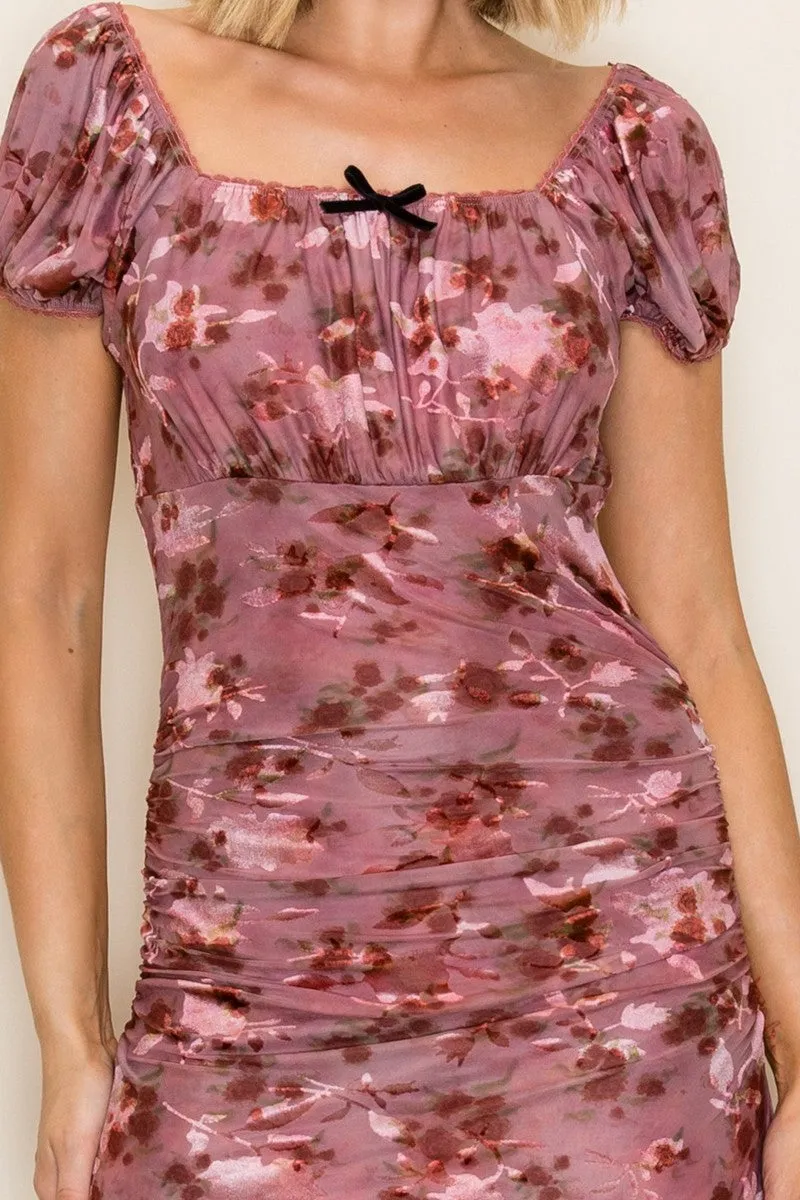 Vintage Rust Ruched Floral Mesh Midi Dress sold by Pinkblush product image thumbnail 4