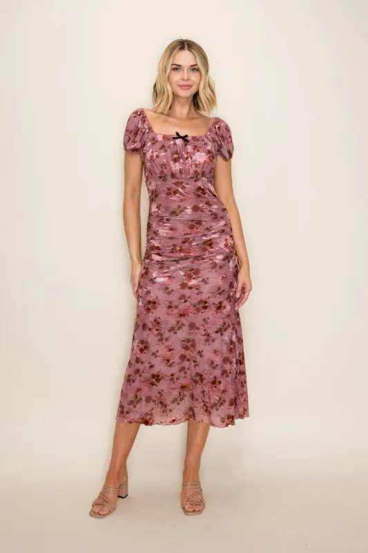 Vintage Rust Ruched Floral Mesh Midi Dress made by tea n rose