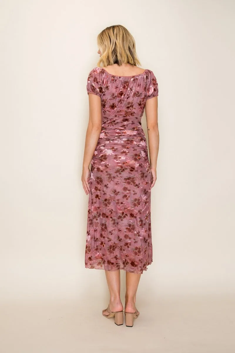 Vintage Rust Ruched Floral Mesh Midi Dress sold by Pinkblush product image thumbnail 3