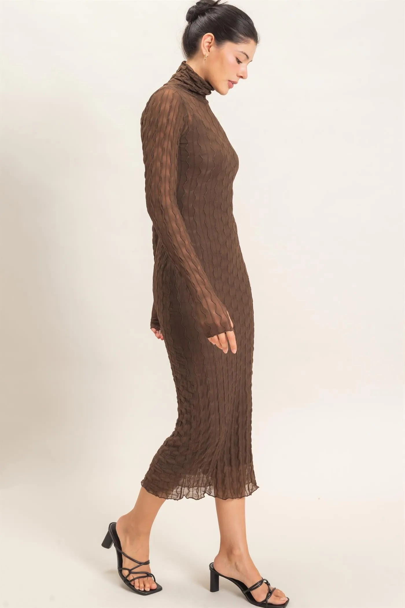 Brown Ribbed Mesh Knit Midi Dress sold by Pinkblush product image thumbnail 3