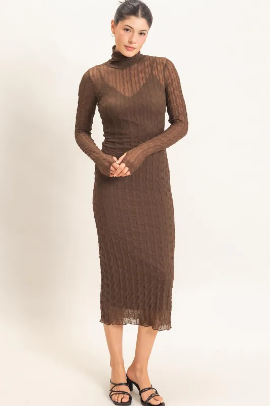 Brown Ribbed Mesh Knit Midi Dress made by HYFVE