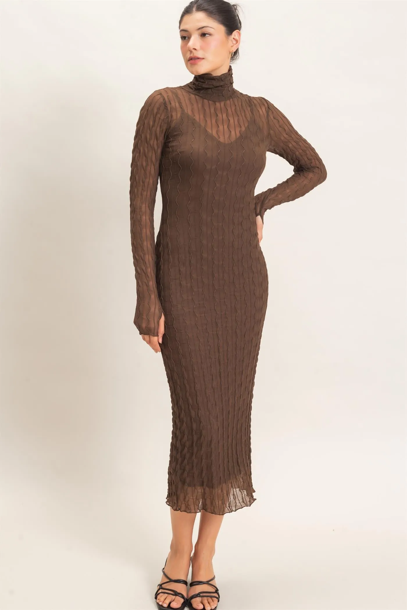 Brown Ribbed Mesh Knit Midi Dress sold by Pinkblush product image thumbnail 2