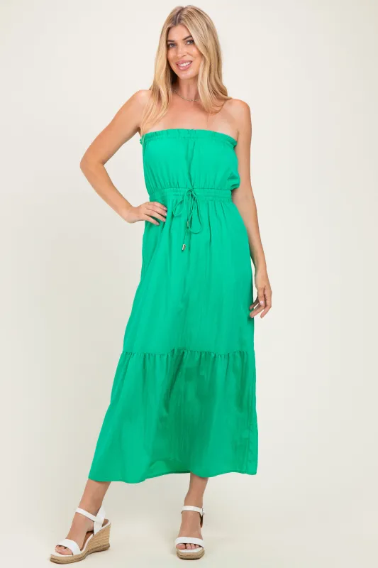 Green Strapless Cinched Waist Tie Maxi Dress made by Naked Zebra
