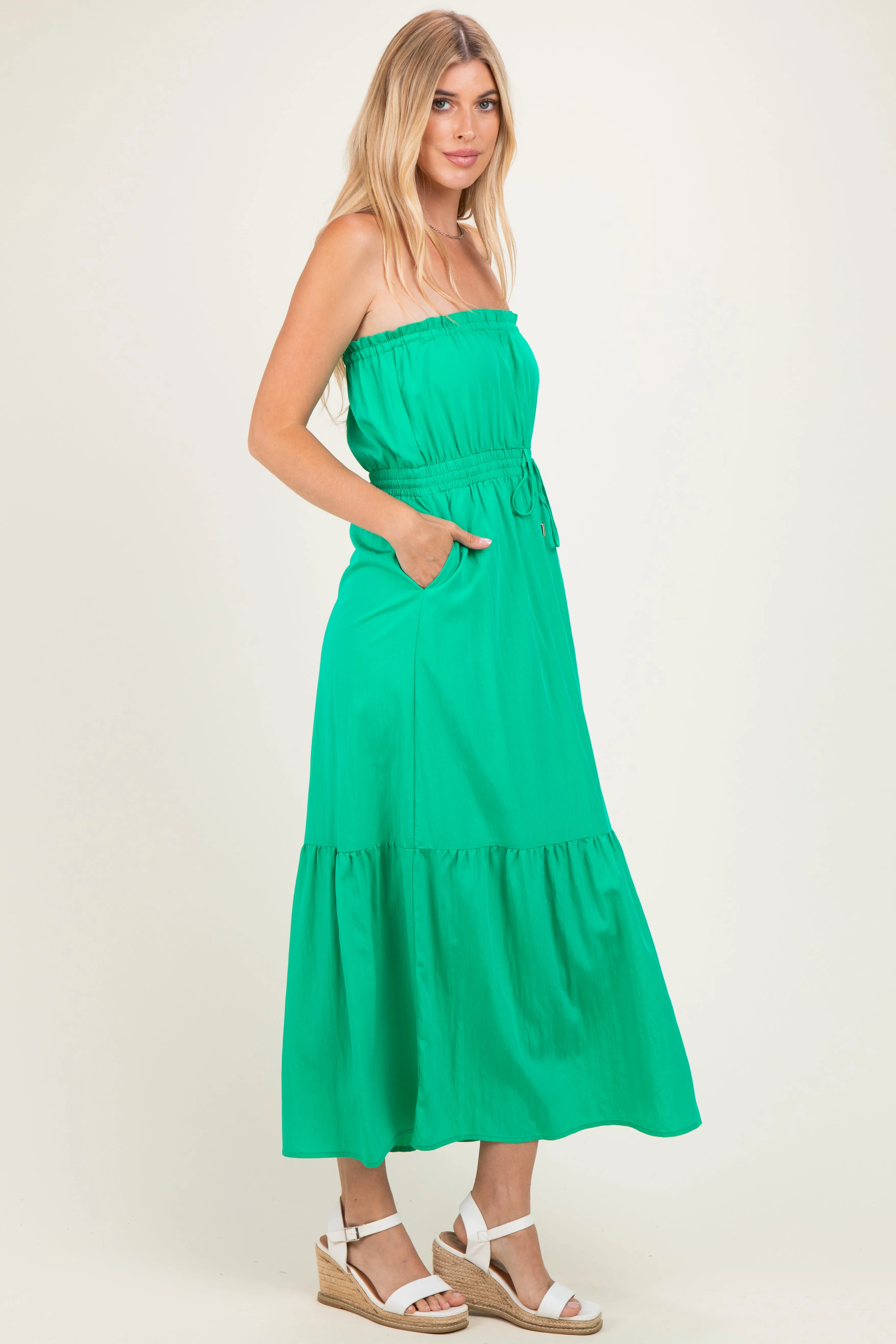 Green Strapless Cinched Waist Tie Maxi Dress sold by Pinkblush product image thumbnail 2