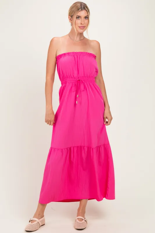 Hot Pink Strapless Cinched Waist Tie Maxi Dress made by Naked Zebra