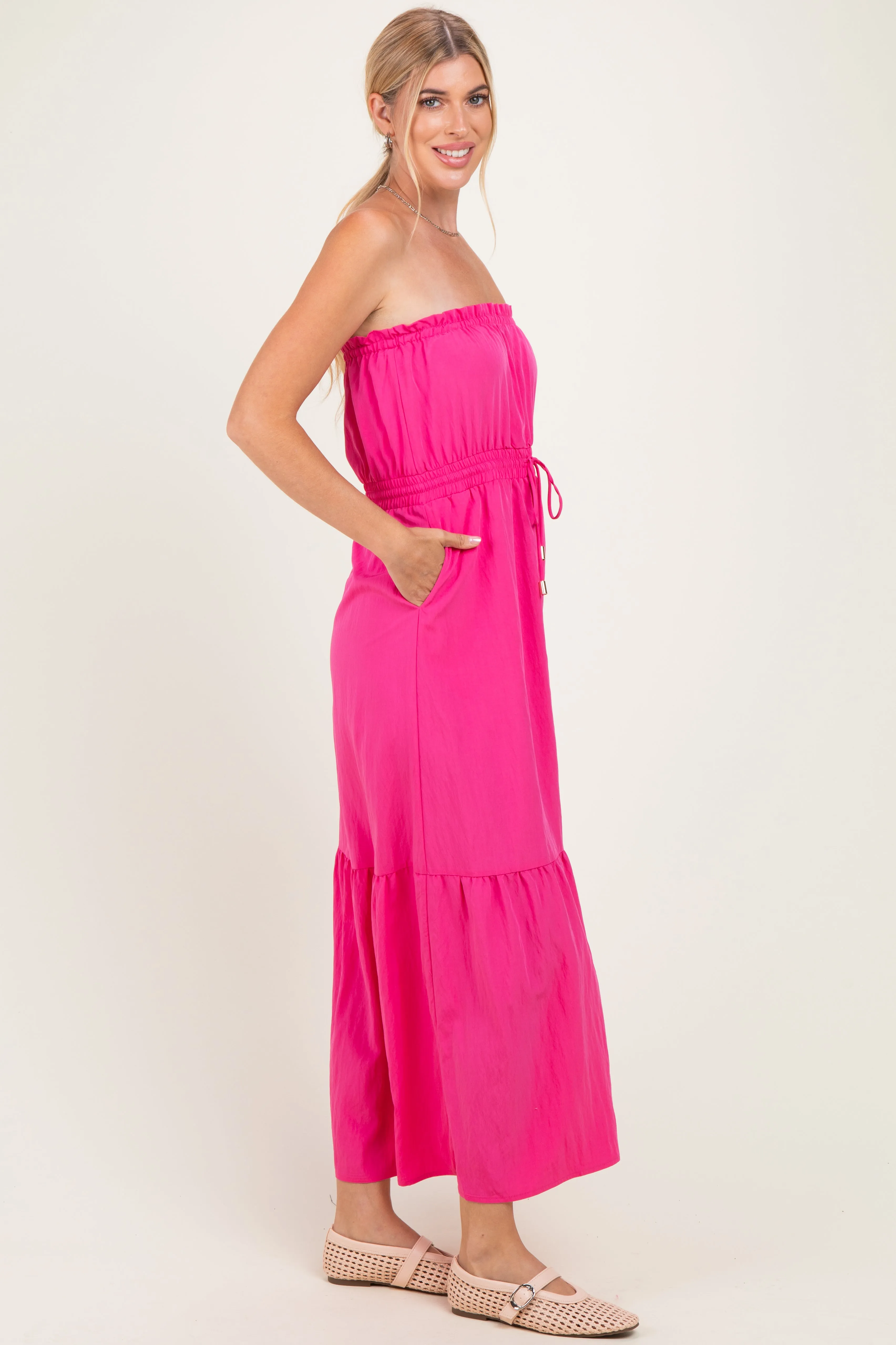 Hot Pink Strapless Cinched Waist Tie Maxi Dress sold by Pinkblush product image thumbnail 2