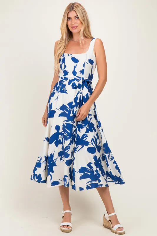 Blue Floral Square Neck Waist Tie Midi Dress made by Aakaa