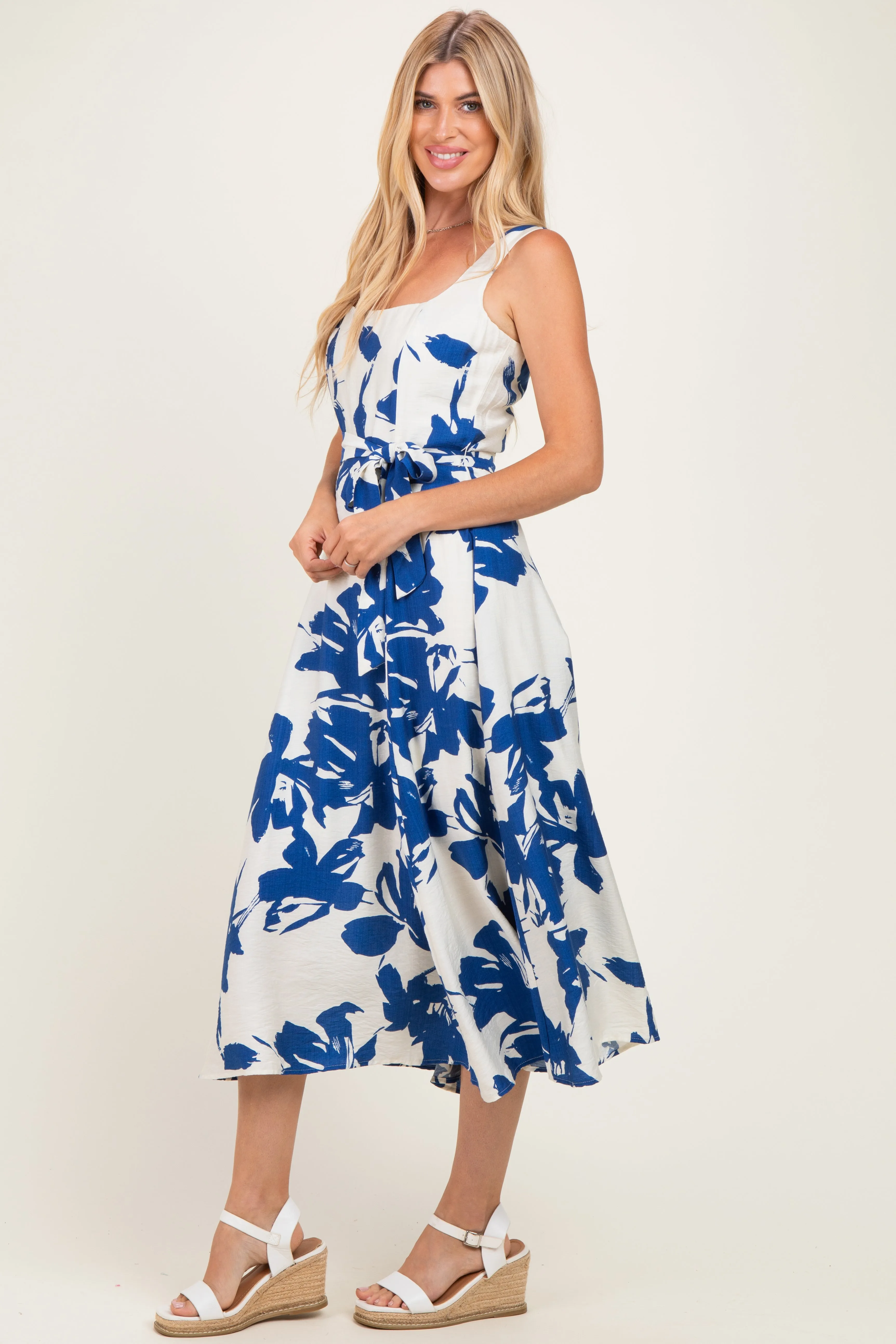 Blue Floral Square Neck Waist Tie Midi Dress sold by Pinkblush product image thumbnail 2